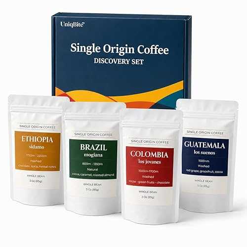 UNIQBITE Single Origin Coffee Gift Set, Whole Bean Arabica Coffee Sampler, Small Batch Roasted Artisan Coffee from Colombia, Ethiopia, Brazil and Guatemala, Giftable Box, 12 Oz (340 g)