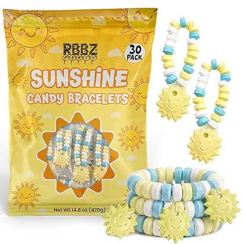 RBBZ Party Sun Shaped Candy Bracelets 30 Count Bulk Value Pack, Individually Wrapped Suckers Cute Fun Summer Themed Yellow Favors Pool Party Treats Beach Party Favors Birthday Goodie Bag Stuffers for Kids Pinata Filler