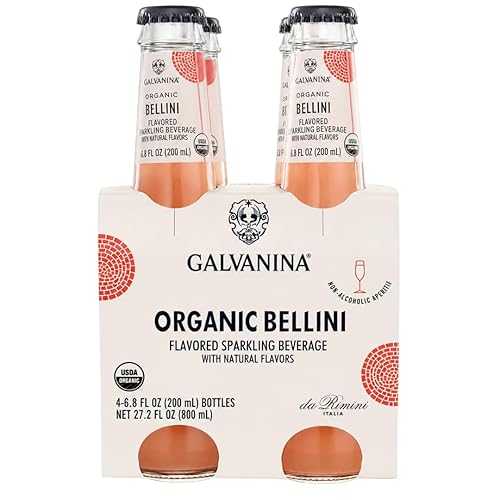 Galvanina Organic Bellini Sparkling Beverage, Non-Alcoholic Italian Peach Drink, USDA Organic, Glass Bottles, 6.8 Fl Oz (Pack of 4)