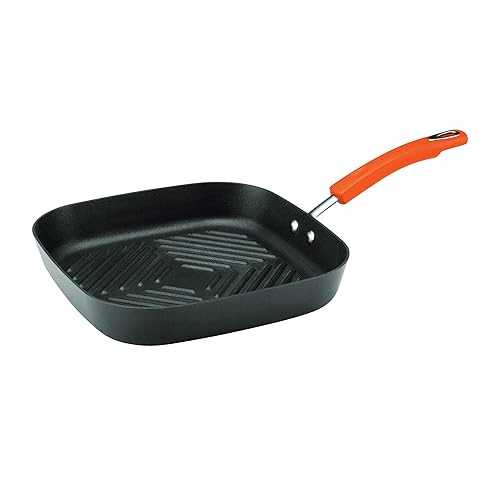 Rachael Ray 87390 Brights 硬質陽極酸化ノンスティックスクエアグリドルパン/グリル、11インチ、グレー、オレンジハンドル付き Rachael Ray Hard Anodized Nonstick Square Stovetop Grill Pan｜Glomarket