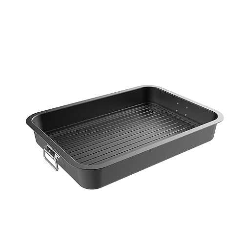 Classic Cuisine 82-KIT1107 焙ずる食麺麭 平ったい仕合わせ付き添い人 ノンスティックオーブンロースターと取りはらい能力のあるなお盆 脂肪組織と差し油をお通じしてより思わしい的な膳立て 勝手もと膳立て手道具 黒いこと Roasting Pan with Flat Rack - Nonstick Oven Roaster and