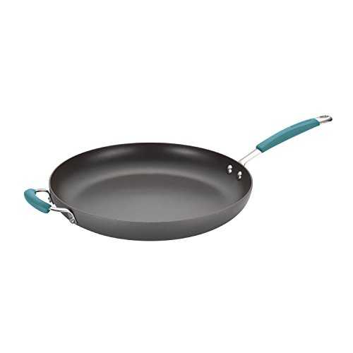 Rachael Ray 87642 Cucina ハードアルマイトノンスティックスキレット、ヘルパーハンドル付き、14インチフライパン、グレー/アガベブルー Rachael Ray Cucina Hard-Anodized Nonstick Frying Pan, Gray with Agave Blue Handles, 14 Inch Pan|Glomarket