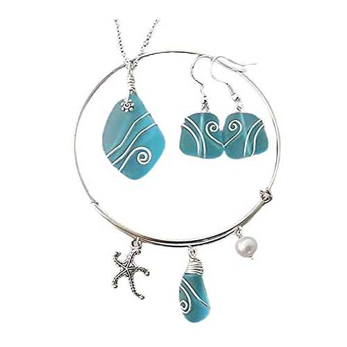 yinahawaii Handmade Wire wrapped blue sea glass necklace + earrings + bracelet jewelry set, Starfish charm, (Hawaii Gift Wrapped, Customizable Gift Message)｜Glomarket