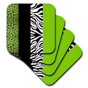 3dRose CST_35440_3 Lime Green Black and White Animal Print-Leopard and Zebra-Ceramic Tile Coasters, Set of 4