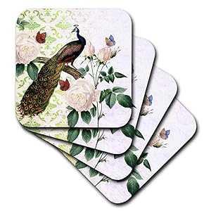 3dRose CST_110314_3 Peacock with White Roses Vintage Art Ceramic Tile Coasters, (Set of 4)