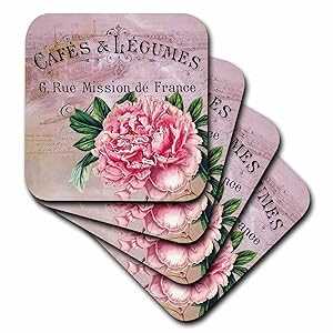 3dRose CST_123376_3 French Vintage Pink Peony Botanical Ceramic Tile Coasters, Set of 4