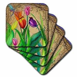 3dRose CST_195392_3 ファンタジー チューリップ セラミック タイル コースター 4 枚セット 3dRose CST_195392_3 Fantasy Tulips Ceramic Tile Coasters, Set of 4
