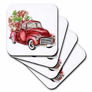 3dRose Watercolor Red Christmas Truck Full Of Presents Illustration Ceramic Tile Coasters (Set of 4), set-of-4-Ceramic