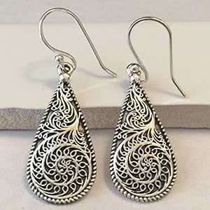 アールデコ フィリグリー 925 ソリッド スターリング シルバー ダングル イヤリング 40mm Natural Rocks by Kala Art Deco Filigree 925 Solid Sterling Silver Dangle Earrings 40mm