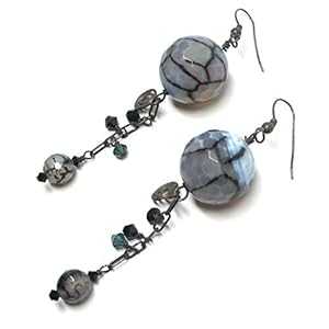 ブルーデニムクラックルファセットメノウいぶしスターリングシルバーチェーンイヤリング Meredithbead Blue Denim Crackle Faceted Agate Oxidized Sterling Silver Chain Earrings