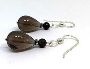 スモーキークォーツとタイガーアイジェムストーンのドロップピアス、スターリングシルバーのイヤーワイヤー付き CHEFJEWELRY/ElmParkJewelry/ChefMel Smokey Quartz and Tiger's Eye Gemstone Drop Earrings on Sterling Silver Earwires