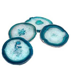 AMOYSTONE Teal Agate Coasters for Drinks Geode Coasters Set of 4 Crystal Quartz Rock Coasters Agate Slices with Rubber Bumpers 3-3.5\