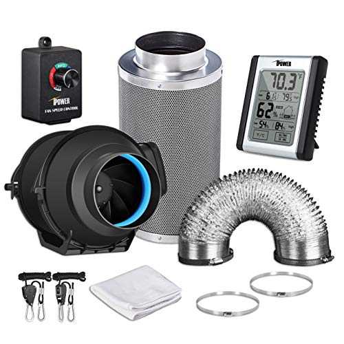 iPower GLFANXEXPSET4D8CHUMD 4 インチ 150 CFM インライン ファン フィルター 8 フィート ダクト、スピード コントローラー、温度湿度モニター、成長テント換気付き、4 インチ キット、ブラック iPower GLFANXEXPSET4D8CHUMD 4 Inch 150 CFM Inline F