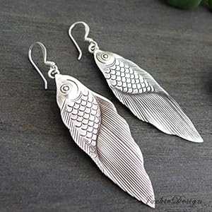 3 インチ長の槌目魚パターン タイ スターリング シルバー イヤリング KD12 JackieDesign 3 inch Long Hammered Fish Pattern Thai Sterling Silver Earrings KD12