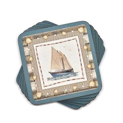 Pimpernel Coastal Breeze Collection Coasters / Set of 6 / Cork Backed Board / Heat and Stain Resistant / Drinks Coaster for Tabletop Protection / Measures 4 x 4