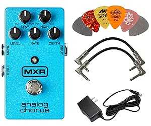 MXR M234 アナログ コーラス エフェクト ペダル バンドル、AC/DC アダプター電源、9 ボルト DC 1000mA 用、パッチ ケーブル 2 本、ダンロップ ギター ピック 6 個付き MXR M234 Analog Chorus Effects Pedal BUNDLE with AC/DC Adapter Power