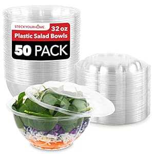 Stock Your Home 32oz Clear Plastic Salad Bowls with Lids Disposable (50 Pack) Medium Takeout Container with Snap on Lid for Fruit Salads, Quinoa, Lunch and Meal Prep, Acai Bowl, To-Go Party Containers｜Glomarket