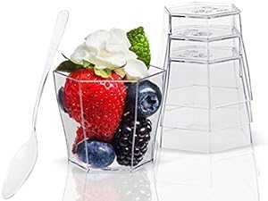 Lawei 100パック 2オンスプラスチックデザートカップ プラスチックスプーン100本付き - チョコレートデザート、前菜、デザートサンプラー、デザートショットグラスなど用の六角形ミニボウル使い捨てボウル Lawei 100 pack 2 oz Plastic Dessert Cups with 100