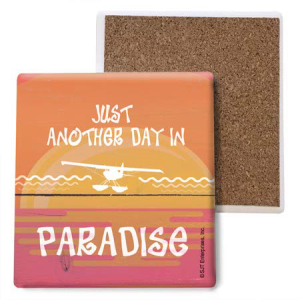 SJT ENTERPRISES, INC. Just Another Day in Paradise - Floatplane Silhouette/Beach Themed White Wash Design 4-Pack of 4 Absorbent Stone Coasters (SJT97007)画像