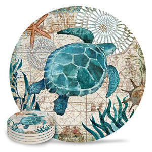 Xspring Turtle Coasters for Drinks Absorbent Green Sea Beach Ceramic Coasters with Natural Cork Base Stone Coasters Perfect Housewarming Hostess Gift for Birthday,New Home,Living Room Decor 4pc画像
