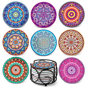 Teivio Absorbing Stone Mandala Coasters for Drinks Cork Base, with Holder, for Friends, Men, Women, Funny Birthday Housewarming, Apartment Kitchen Room Bar Decor, Suitable for Wooden Table, Set of 8画像