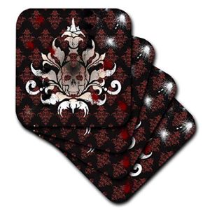 3dRose CST_220894_1ダークレッドのダマスク織の背景にあるゴシックヴァンパイアスカルエンブレムソフトコースター（4個セット） 3dRose CST_220894_1 Gothic Vampire Skull Emblem on Dark Red Damask Background Soft Coasters (Set of 4)画像