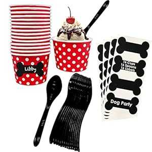 Outside the Box Papers Dog Theme Ice Cream Set with 8 Ounce Paper Cups, Plastic Spoons, Dog Bone Chalkboard Labels 16 Each Red, Black and White画像