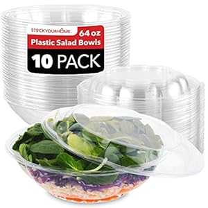Stock Your Home 64オンス 透明プラスチック サラダボウル 蓋付き 使い捨て (10個パック) 特大テイクアウト容器 スナップオン蓋付き フルーツサラダ、ランチ、食事の準備、アサイーボウル、持ち帰りパーティー容器用 Stock Your Home 64oz Clear Plastic