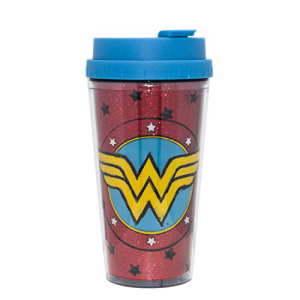 シルバーバッファローWW1132B2GDCコミックスワンダーウーマンスケッチロゴグリッターダブルウォールプラスチックトラベルマグ、16オンス、赤と青 Silver Buffalo WW1132B2G DC Comics Wonder Woman Sketch Logo Glitter Double Wall Plastic Travel Mug, 16画像