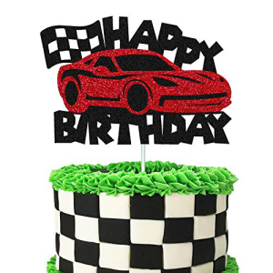 YOYMARR Cars Cake Topper Happy Birthday Sign Cake Decorations for Man Kids Boys Racing Car Checkered Flag Themed Bday Party Supplies Double Sided Black Sparkle Decor (car)画像