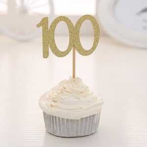 ゴールデングリッターナンバー100カップケーキトッパー24個セット、赤ちゃんの100日100日を祝うパーティーデコレーション。 Giuffi Set of 24 Golden Glitter Number 100 Cupcake Toppers Baby's One Hundred Days 100th Celebrating Party Decors画像
