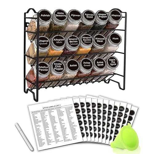 SWOMMOLY Spice Rack Organizer with 18 Empty Square Spice Jars, 396 Spice Labels with Chalk Marker and Funnel Complete Set, Spice Organizer for Countertop, Cabinet or Wall Mount, Black SWOMMOLY Spice Rack Organizer with