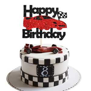 Maicaiffe Black Glittle Racing Car Theme Birthday Cake Topper - Checkered Flag Racing Theme Party Decor - Baby Shower / Birthday Cars Transportation Theme Party Cake Topper画像