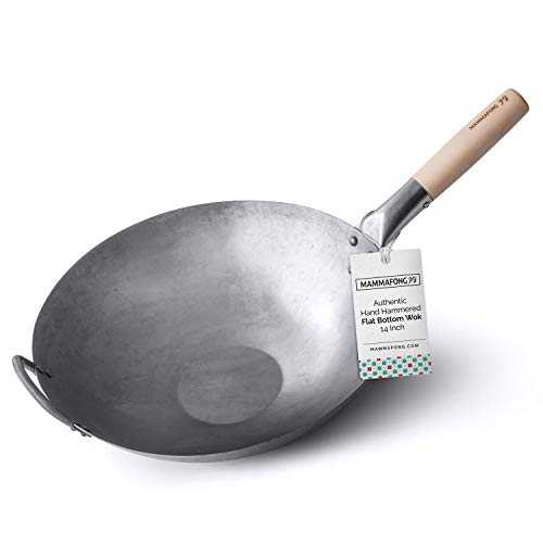 Mammafong Flat Bottom Carbon Steel Wok Pan - Authentic Hand Hammered Woks and Stir Fry Pans - 14" Pow Wok|Glomarket