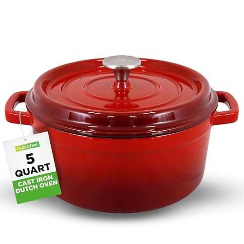 NutriChef Enameled Cast Iron Dutch Oven-5-Quart Kitchen Round Dutch Oven Stovetop Casserole Cookware, Porcelain Enamel Coated Cast-Iron Baking Pots w/ Self Basting Lid-NCCIEC45(Red),Medium