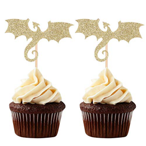 ゴールド ドラゴン カップケーキ トッパー ファンタジーテーマ パーティー デコレーション - 24 個セット Gold Dragon Cupcake Toppers Fantasy Theme Party Decorations - Set of 24画像
