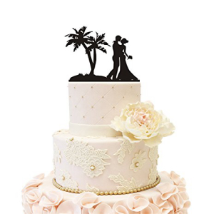 ウエディングケーキトッパービーチハネムーンウェディングブライド新郎とヤシの木（ビーチテーマブラック） iEventStar Wedding Cake Topper Beach Honeymoon Wedding Bride Groom with Palm Tree (Beach Theme Black)画像