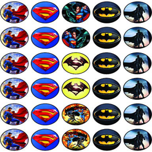 食用カップケーキトッパー 30 個 – スーパーマン VS バット M をテーマにした食用ケーキデコレーションコレクション | ウエハースシートでノーカット食用 30 x Edible Cupcake Toppers – Superman VS Bat-M Themed Collection of Edible Cake De画像