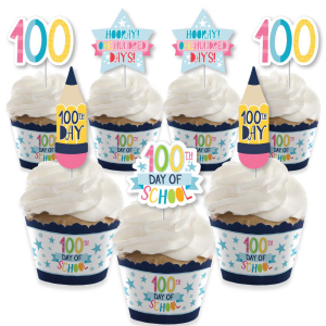 ビッグドットオブハピネスハッピー100日目-カップケーキデコレーション-100日パーティーカップケーキラッパーとトリートピックキット-24個セット Big Dot of Happiness Happy 100th Day of School - Cupcake Decoration - 100 Days Party Cupcake Wrappers画像