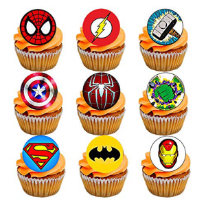 スーパーヒーローカップケーキトッパー、スパイダーマンハルクアイアンマンスーパーマンバットマン、35x1.5インチプレカット食用ウエハース紙、チョッカケーキカップケーキデコレーション、男の子用 Superhero Cupcake Toppers, Spiderman Hulk Ironman Superman Ba画像
