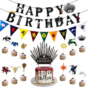 ゲーム・オブ・スローンズの誕生日バナー、ケーキとカップケーキトッパー、GOT誕生日パーティー用品デコレーション用、ハッピーバースデーバナー1パック、GOTバナー1パック、ケーキトッパー1パック、カップケーキトッパー24パック。 Game of Thrones Birthday Banner,画像