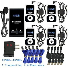 EXMAX ATG-100T 195-230MHz ワイヤレスツアーガイドモニタリング音響オーディオ音声伝送システムマイクイヤホンヘッドセット教会同時通訳旅行用(送信機1台、受信機4台) EXMAX ATG-100T 195-230MHz Wireless Tour Guide Monitoring Acoustic Audio Voice Tran