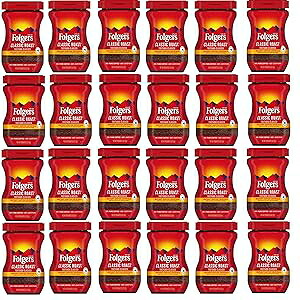 Folgers 20083 クラシックローストインスタントコーヒークリスタル、3オンス、100%ピュアコーヒー、ミディアムロースト、開きやすいフリップトップ蓋、ポータブルプラスチックジャー、24個パック Folgers 20083 Classic Roast Instant Coffee Crystals, 3 Ounce