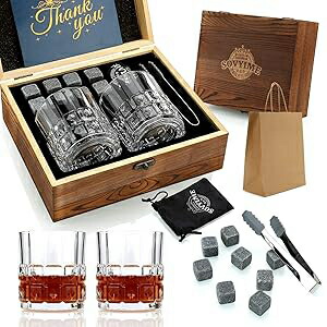 Sovyime Whiskey Stones Gifts for Men, Groomsmen Gifts, Granite Chilling Stones Bourbon Whiskey Glasses Set, Unique Birthday Gifts for Men Christmas Father's Day Valentine Retirement画像