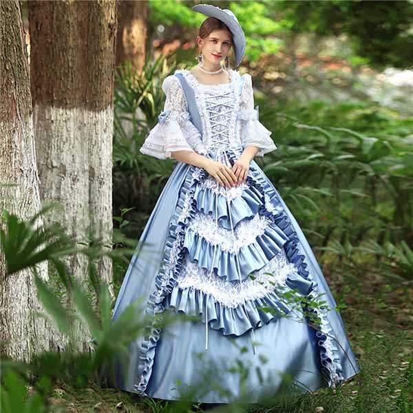 ドレス レディース ロングドレス ロココ 貴族ドレス 中世ヨーロッパ 宮廷 お姫様 ブルー プリンセスドレス サイズ指定OK  西洋ドレス   ステージ衣装 貴婦人 オペラ ワンピースグローリーパーク