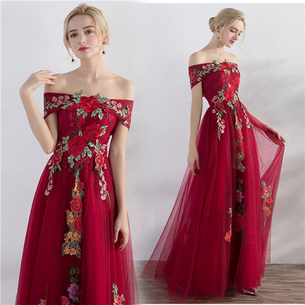 低価格の ウエディングドレス カラー ロングドレス 赤 二次会 花嫁