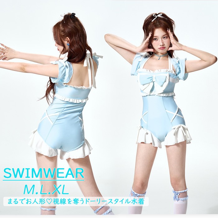 レディース 水着 レオタード水着 パッド付 かわいい リボン 小胸 露出控えめ 青 ブルー 夏 海 ビーチ プール 温泉旅行 M L XLグローリーパーク