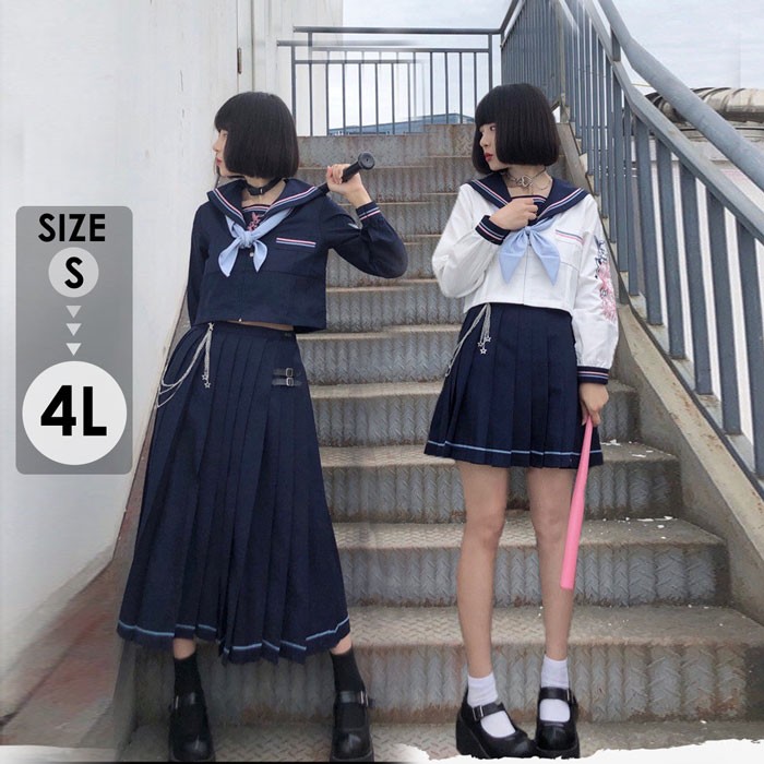 セーラー服風 セットアップ レディース 制服風 トップス プリーツスカート ミニ丈 ミモレ丈 選べる丈 地雷系 量産型 コスプレ 文化祭 撮影 S～4L 病みかわ 推し活 ネイビー ホワイト｜パーティードレス通販 GloryPark