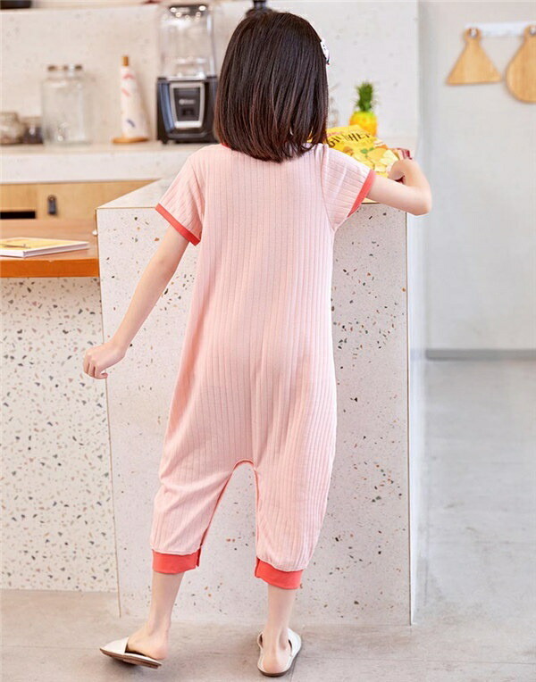 子供パジャマ キッズパジャマ ひざ下丈 ルームウェア つなぎ パジャマ オールインワン 寝間着 子供 ピンク かわいい 半袖