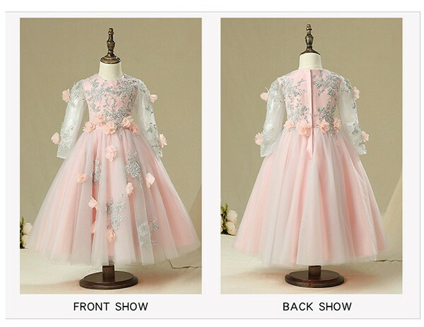 キッズ ドレス ピアノ 発表会 結婚式 ワンピース 女の子 子供 ショート丈 ロング丈 袖付き 透け感 花付き プリンセスライン 100 110 1 130 140 150 160 ロング ピンク 袖あり イベント 演奏会 中学生 上品 エレガント 七五三 フォーマルドレス パーティードレス